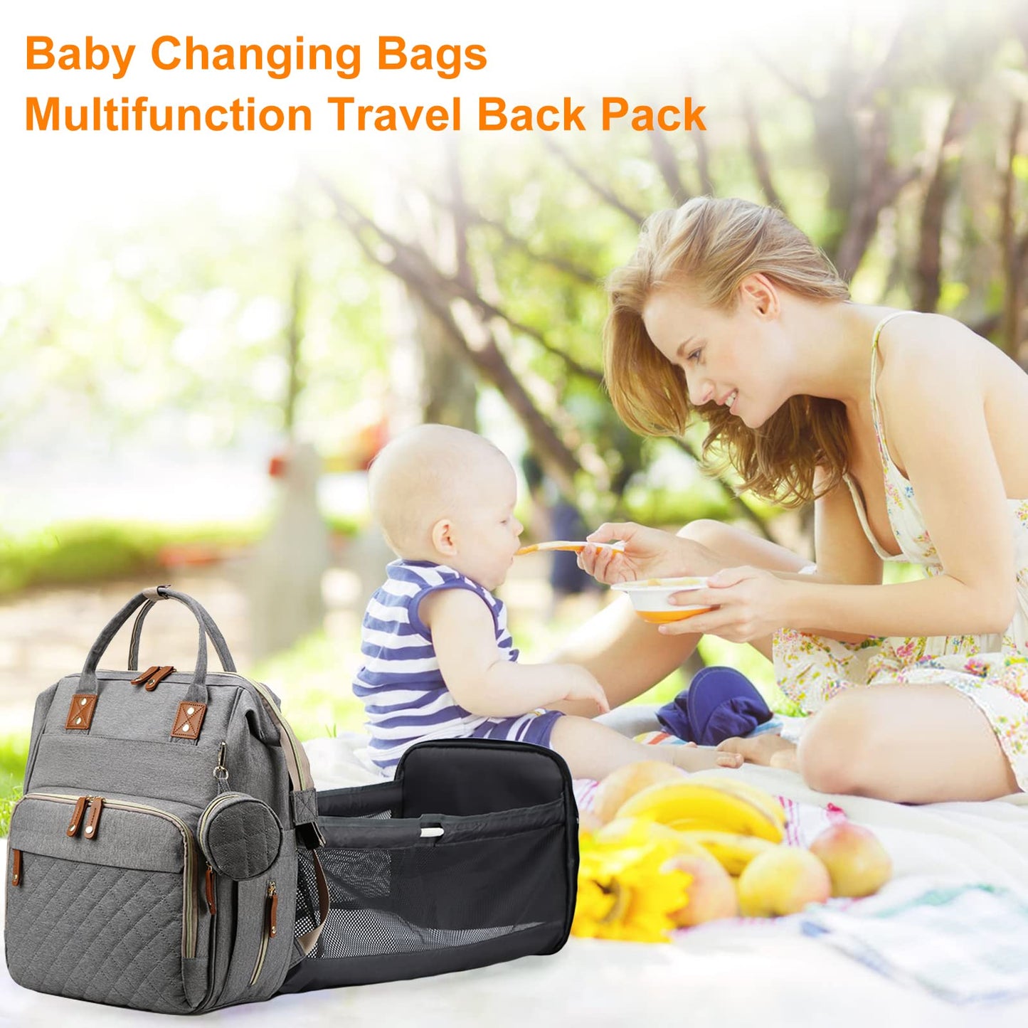 Lamroro Diaper Bag with Changing Station, Waterproof 3 in 1 Baby Diaper Backpack with Foldable Changing Pad, Large Travel Back Pack for Baby Girl Boy, Grey