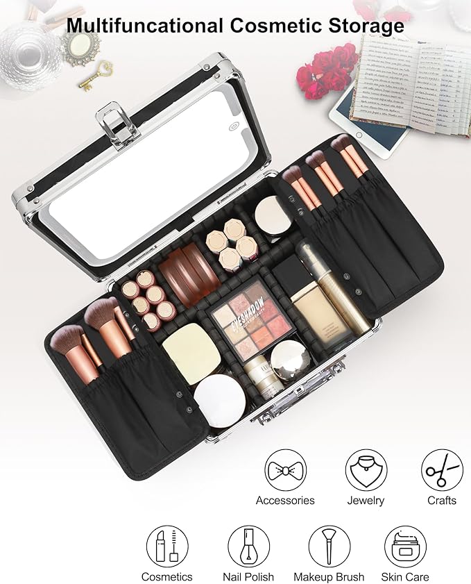 Relavel Makeup Bag with LED Mirror, Makeup Box Travel Train Case with Rechargeable Lighted Mirror, Cosmetic Brush Organizer Storage for Makeup Artists Gifts for Women and Girls (Black Quilted, Small)