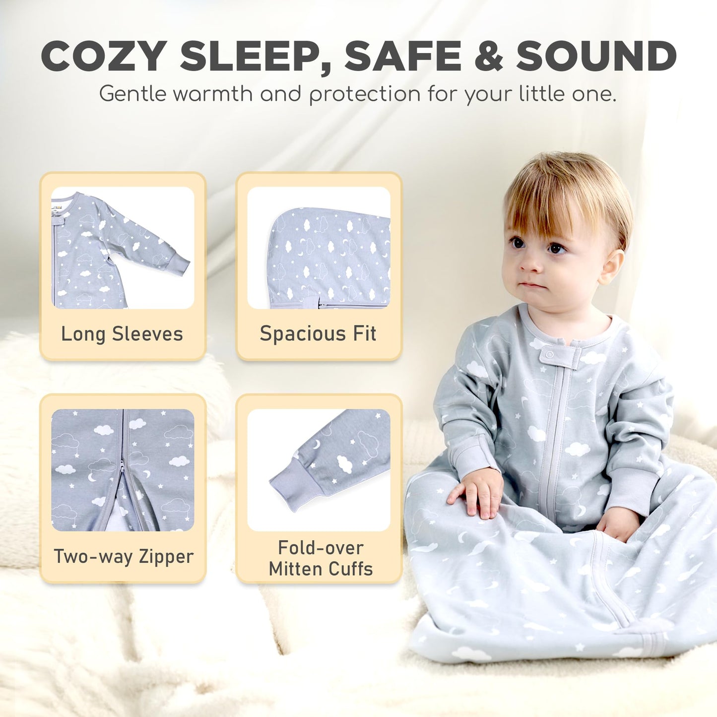 Mama Cheetah Baby Sleep Sack with Sleeves, 0.5 TOG Organic Cotton Wearable Blanket and Two-Way Zipper, Swaddle Transition Long Sleeve Sleeping Bag for Newborn Infant Toddler, 24-48 Months