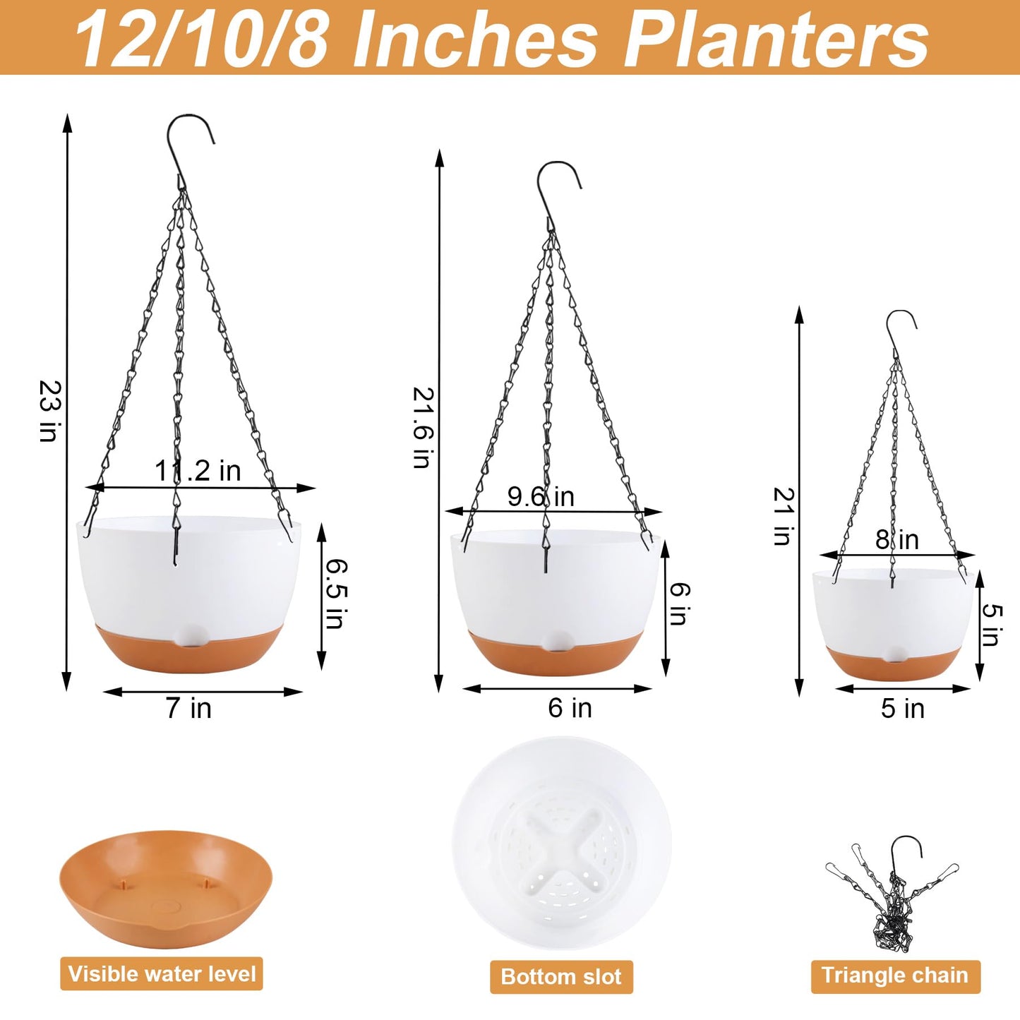 KPUVX 8/10/12 inch Hanging Planters for Indoor Outdoor Plants with Self-Watering Pots, 3 Pack Plastic Hanging Basket with Removable Tray for Home Garden Porch Balcony Patio Decor(White)