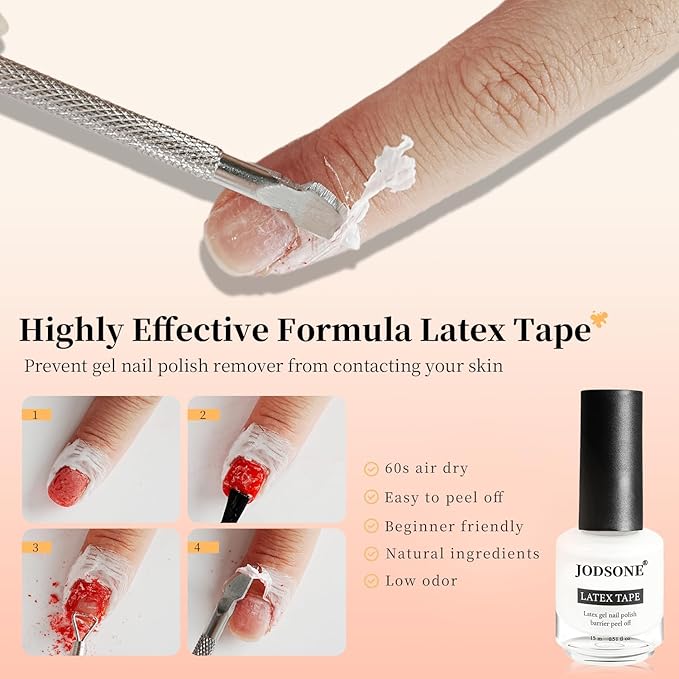 JODSONE Gel Nail Polish Remover Kit 2Pcs Gel Remover 1Pc Latex Tape Liquid Professional Soak Off Gel Nail Removal Set for Nail Art Manicure Pedicure at Home Includes Sanding Strips and Steel Pushers