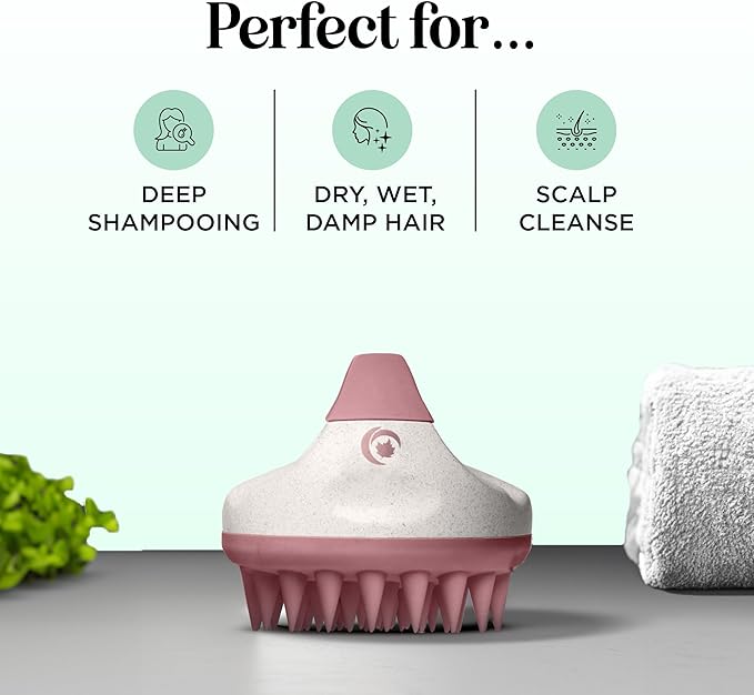 Hair Shampoo Brush and Scalp Exfoliator - Soft Silicone Scalp Massager Hair Growth Stimulator for Wet or Dry Hair - In Shower Scalp Scrubber for Dandruff Removal Made with Recycled Wheat Straw - Pink