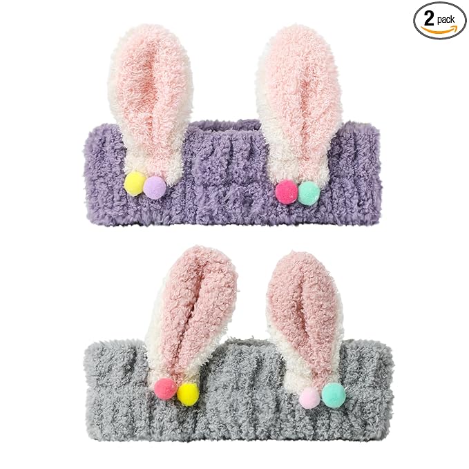 PERFECTSIGHT Kawaii Headband for Spa, Makeup, Washing Face, Party - 2 Pack Cute Hair Band for Shower Beauty Skincare, Soft Facial Headbands for Girls and Women (Purple+Gray Rabbit Ear)