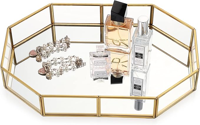 Hipiwe Gold Perfume Tray - Glass Mirror Makeup Tray Ornate Vanity Tray Dresser Tray Jewelry Trinket Organizer Tray for Bathroom Storage Tray for Home Decor,12.4"x 8.5"