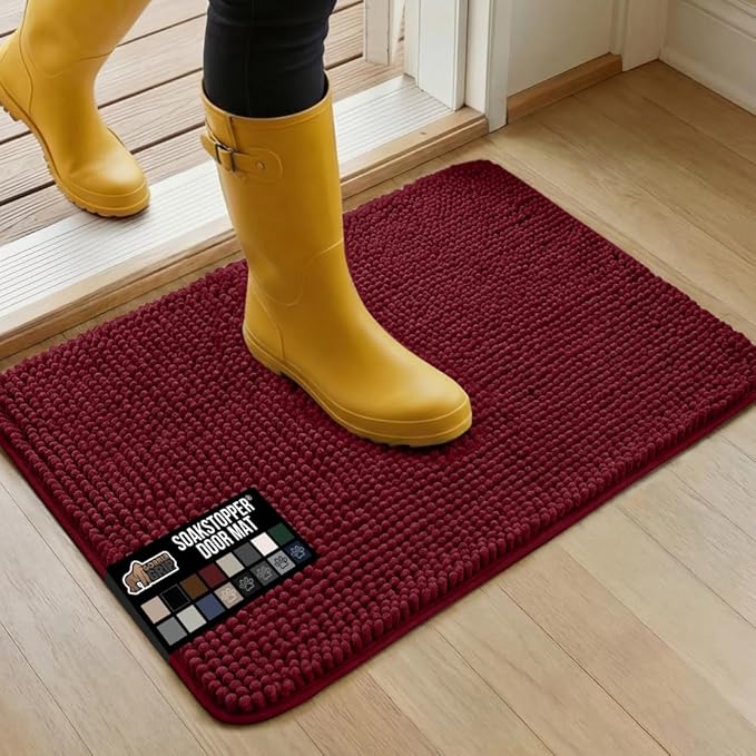 GORILLA GRIP SoakSTOPPER Dog Door Mat, 30x20 Machine Washable Rug Absorbent Doormat Captures Moisture Mud Dirt, Quick Dry Soft Chenille Entryway Rugs Indoor Entrance Mats for Dog Paws, Burgundy