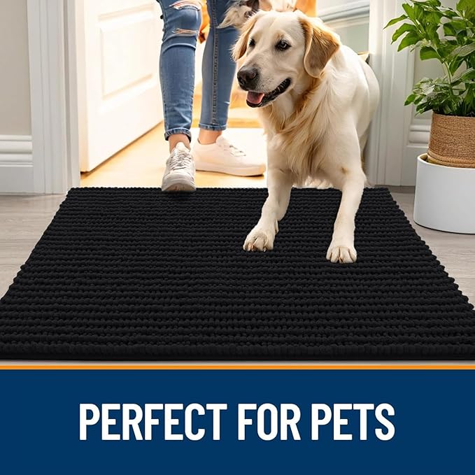 OLANLY Dog Door Mat for Muddy Paws 59x35, Ultra Absorbent Chenille Mud Doormat, Non-Slip Washable and Dirt Trapping Doormat for Indoor Entryway, Quick-Dry Indoor Pet Bed Mats for Dogs, Black