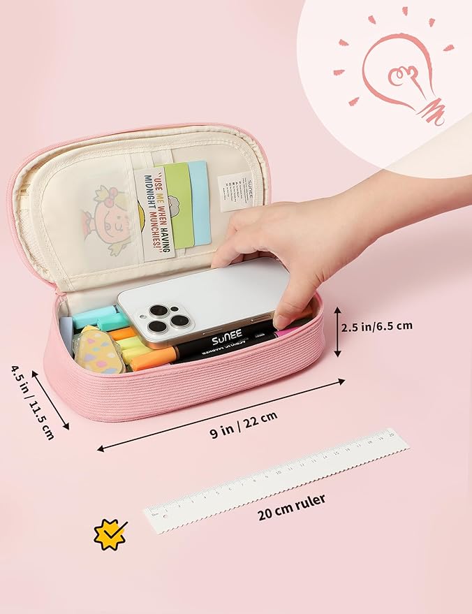 SUNEE Cute Pencil Case, Large Pencil Pouch, Aesthetic Big Pencil Bag with Zipper, Kawaii Stationery Storage and Organizer, Soft Corduroy Bag School Supplies for Teen and Adult, Boys&Girls, Soft Pink