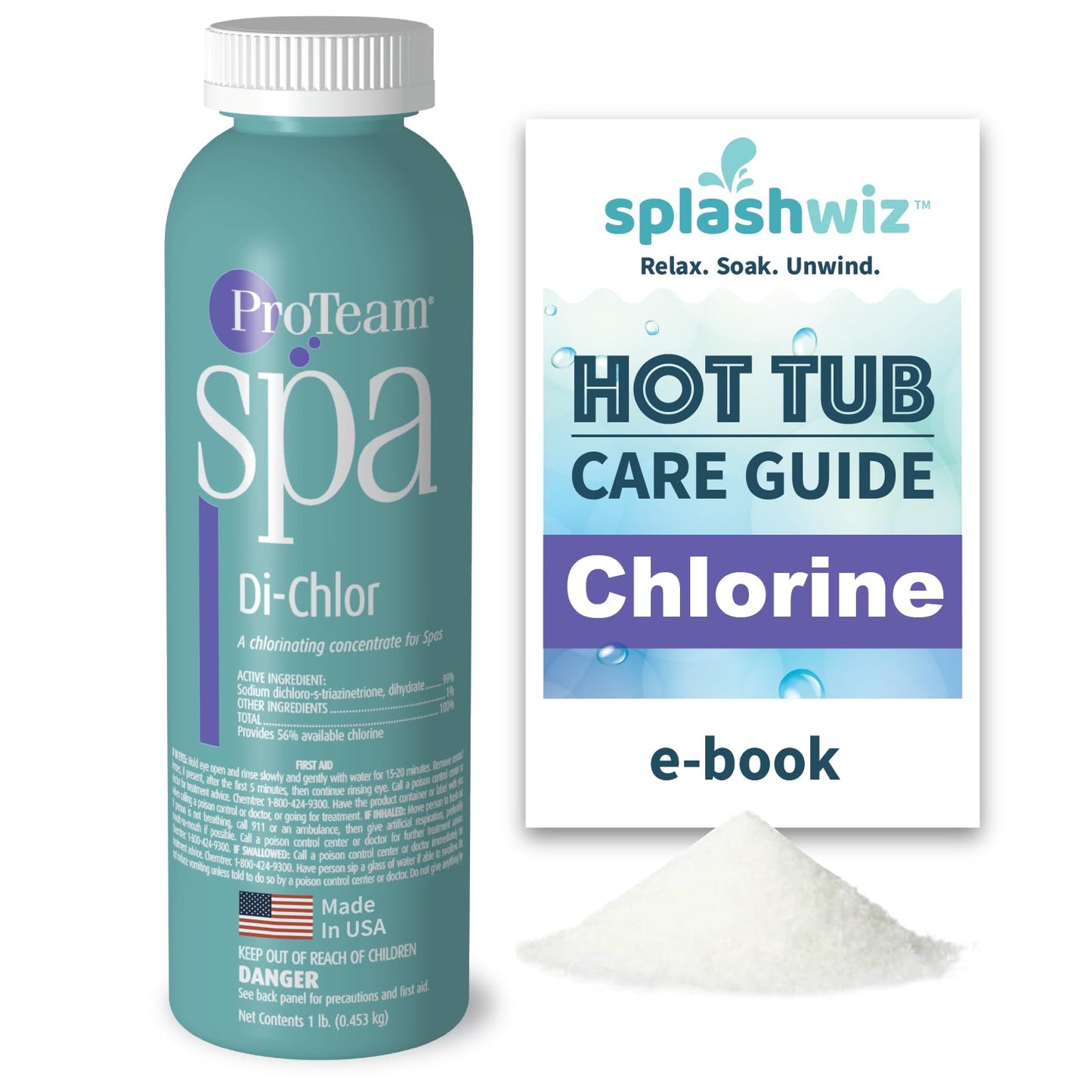 ProTeam Spa Di-Chlor - Hot Tub Chlorine for Hot Tubs and Spa Sanitizer for Hot Tub with SplashWiz Hot Tub Chemicals Care Guide - Made in USA (1 lb)