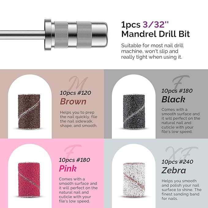 MelodySusie Nail Drill Bits, 10Pcs Diamond Sanding Bit Set with 40pcs Sanding Bands (#120#180#240 Grits) with 6.65mm Mandrel Bit, Nail Gel Polish Remover Tool for Acrylic Nails Manicure Nail Prep