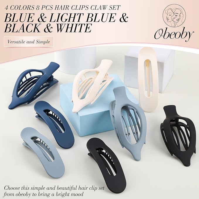 Obeoby 8 Pcs Flat Hair Clips for Women, 2 Styles French Flat Claw Clips for Thick or Thin Hair Large Medium Barrettes Hair Accessories Girls (Blue, Black, White)