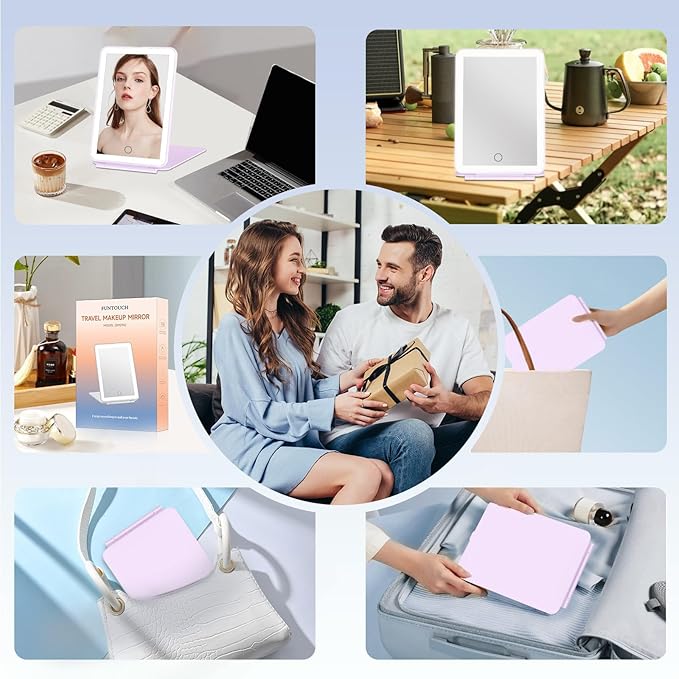 FUNTOUCH Rechargeable Travel Makeup Mirror Lights, Portable 72 Led Lighted Makeup Mirror, 3 Color Lighting, Dimmable Touch Screen, Type C, Tabletop LED Folding Cosmetic Vanity Mirror-Purple