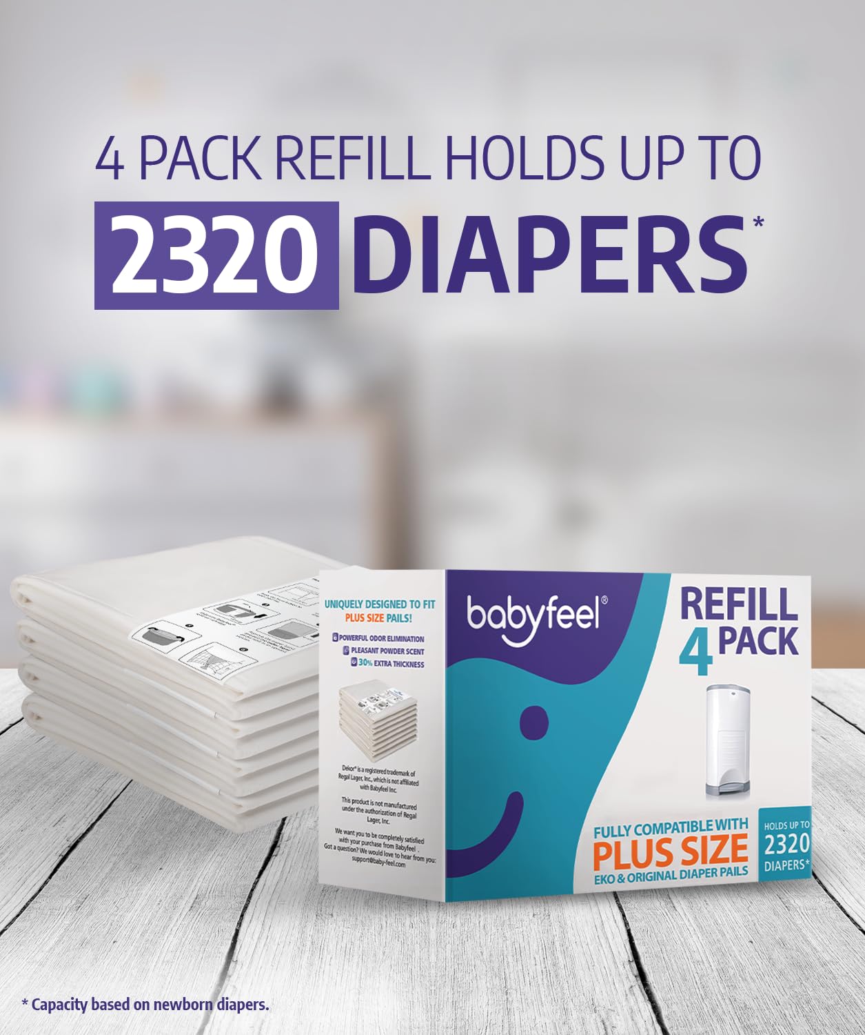 Babyfeel Refills Compatible with DEKOR PLUS Diaper Pails | 4 Pack | Exclusive 30% Extra Thickness | Diaper Pail Refills with Powerful Odor Elimination | Fresh Powder Scent | Holds up to 2320 Diapers