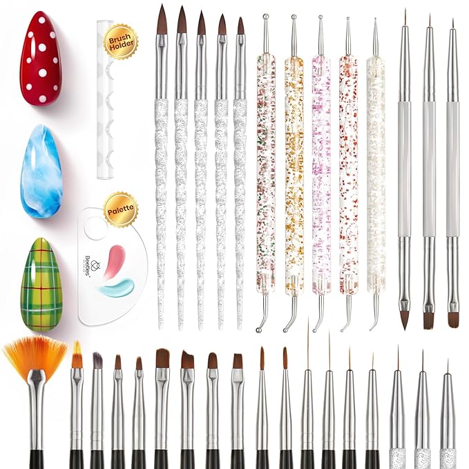 Beetles 31pcs Nail Art Brushes, Dotting Tools, Nail Art Pens, Dust Brush, Striping Liner Fingernail Drawing Pens with Palette Holder All in One for Starter Manicure Design Set
