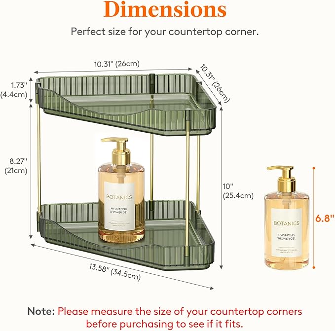 Lifewit 2-Tier Corner Bathroom Counter Organizer, Plastic Makeup Skincare Organizers Storage Countertop, Large Sink Cosmetic Perfume Shelf for Bedroom, Dresser, Kitchen, Vanity, Green, 25 cm/10inch(H)