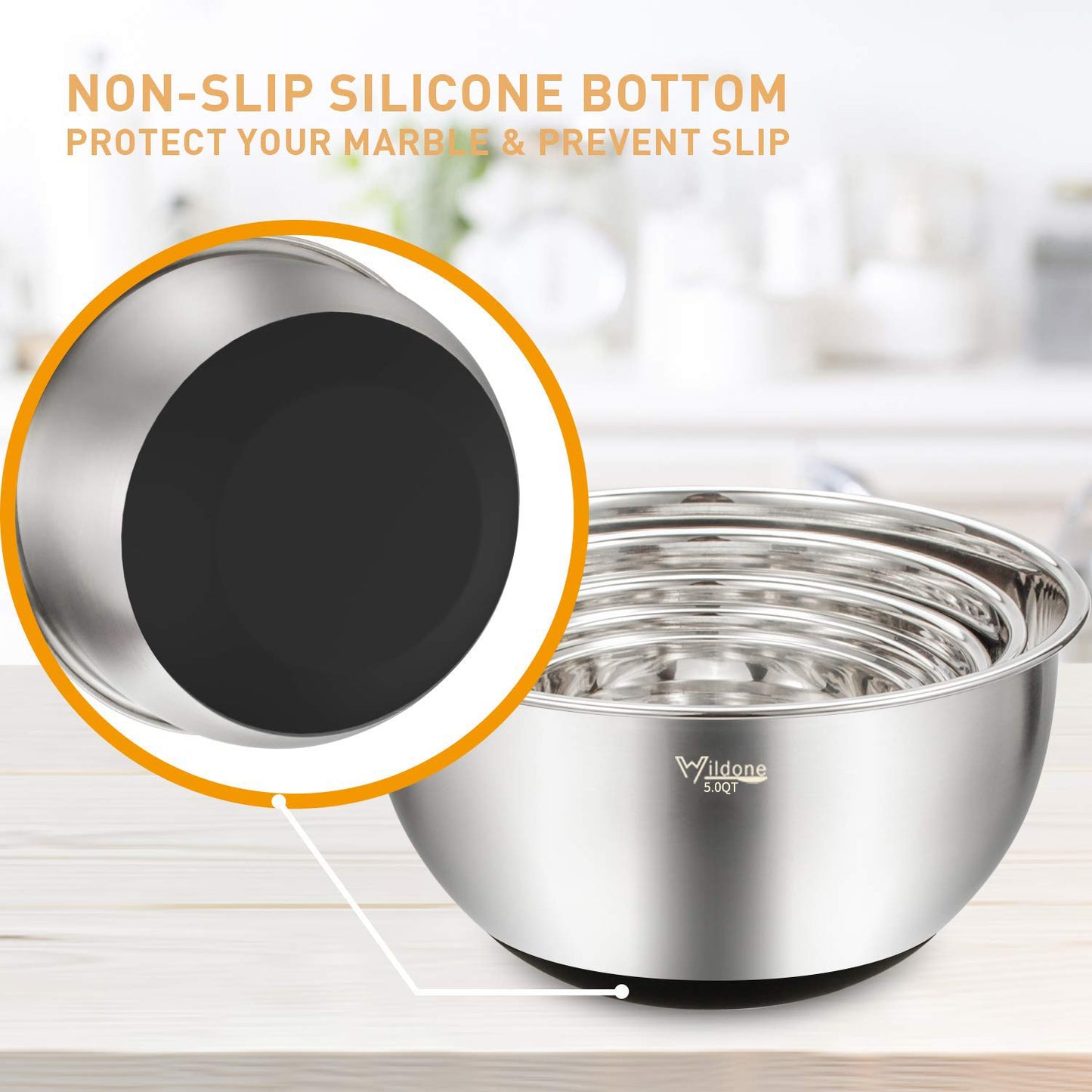 Wildone Mixing Bowls with Airtight Lids Set, 5PCS Stainless Steel Nesting Bowls for Kitchen, with Grater Attachments & Non-Slip Bottoms, Size 5, 3, 2, 1.5, 0.63 QT, Great for Mixing & Serving