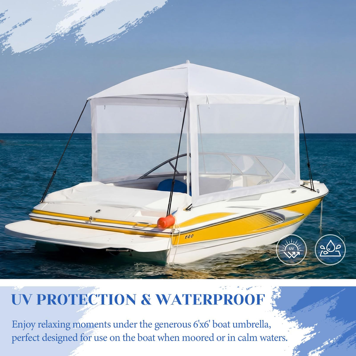 Briwooody White Boat Umbrella Sun Shade with Sidewalls Kit 6' x 6' Boat Sun Cover Anti-Ultraviolet, Adjustable Aluminum Pole to 8 Feet with Ropes and Storage Bag Fits Most Boats and Benches