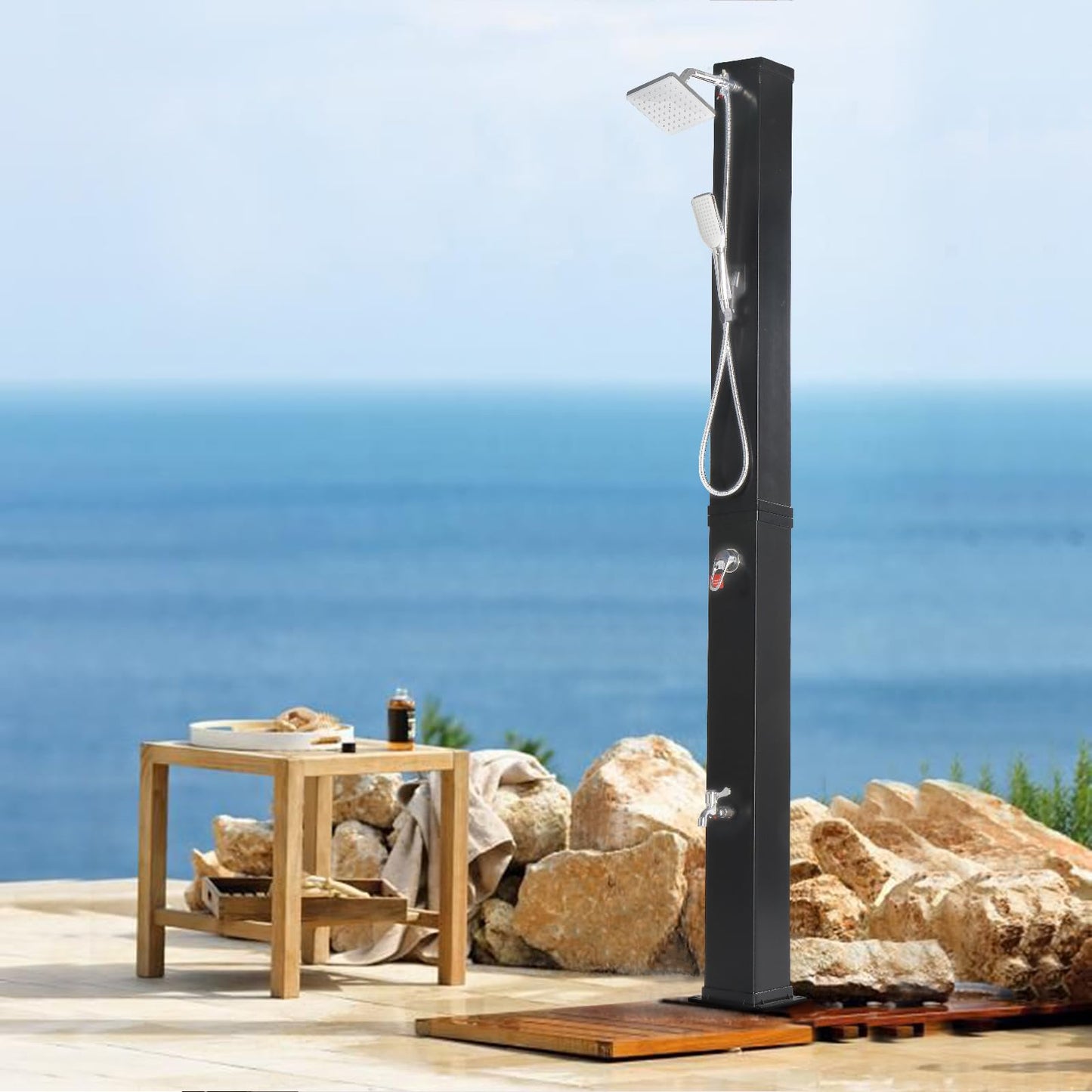 VINGLI 10.6 Gallon Solar Heated Outdoor Shower, 7.2 FT Height, Freestanding Outside Shower with 360° Swivel Shower Head + 6FT Handheld Shower + Foot Faucet, Hot & Cold Water Adjustment, Black