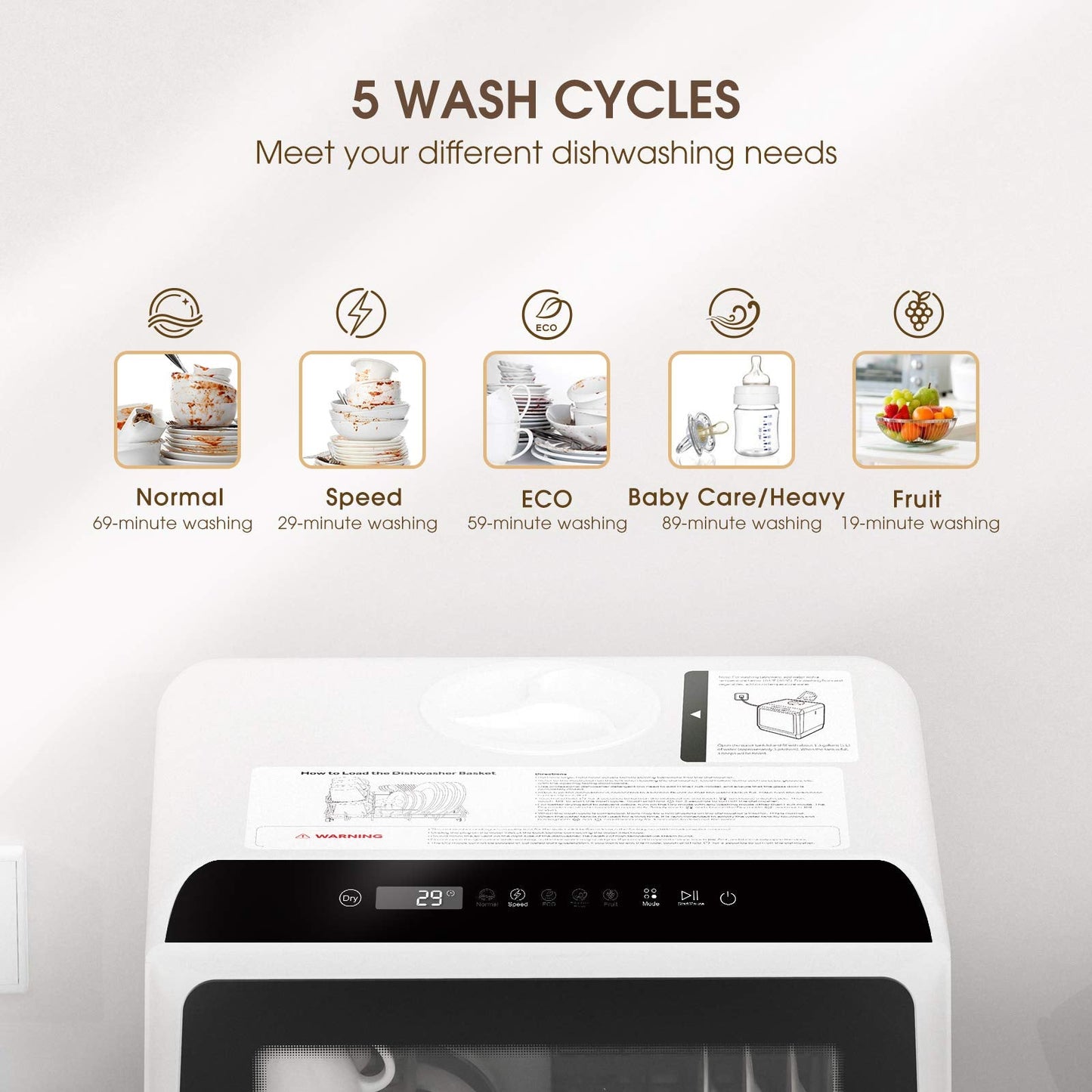 NOVETE Portable Countertop Dishwashers, Compact Dishwashers with 5L Built-in Water Tank & Inlet Hose, 5 Washing Programs, Baby Care, Air-Dry Function and LED Light for Small Apartments