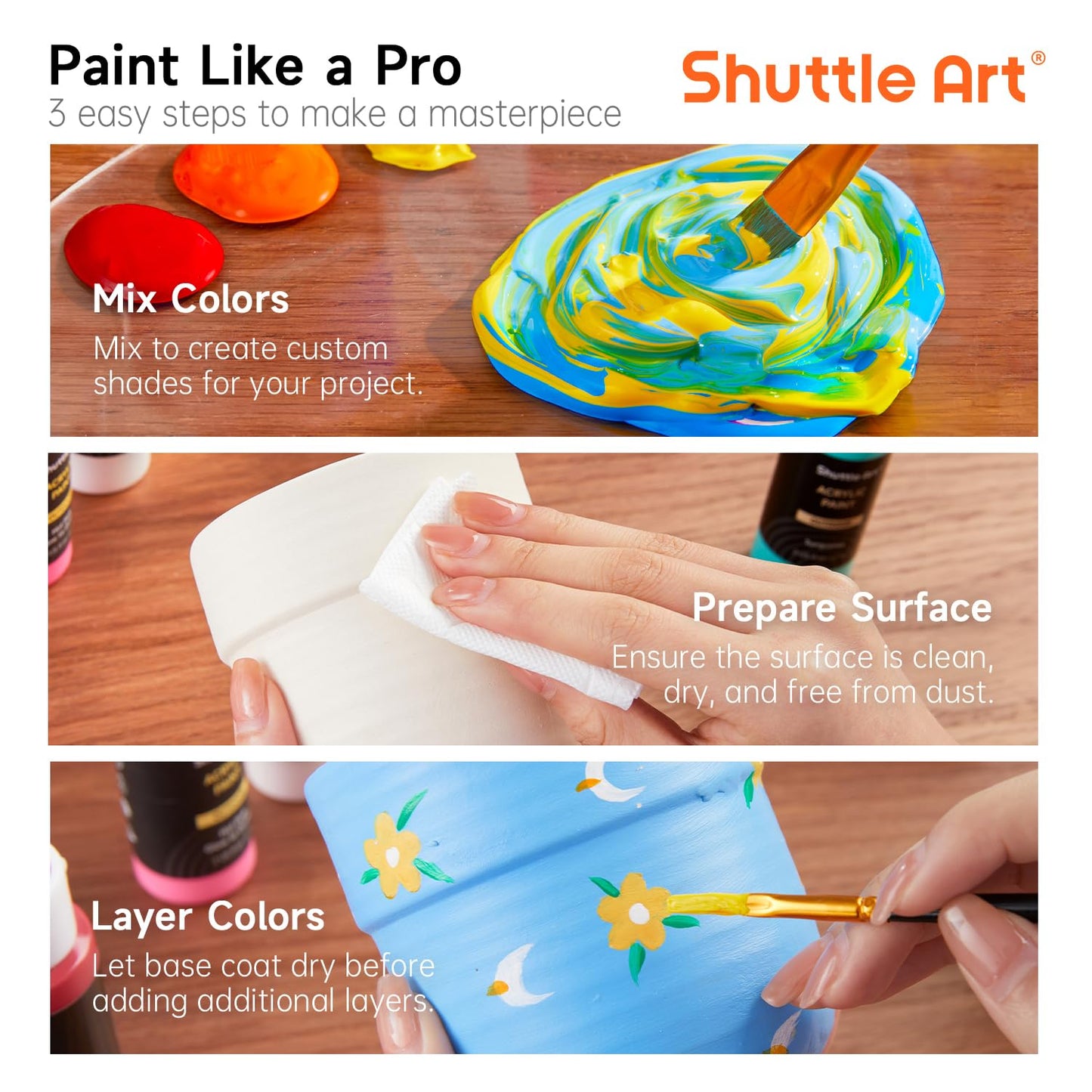 Shuttle Art Outdoor Acrylic Paint Set, 12 Colors Waterproof Paint, 8.45oz/250ml Large Bottles, Rich Pigmented Bulk Painting Supplies for Artists, Beginners on Rocks, Wood, Wall, Crafts, Garden Statues