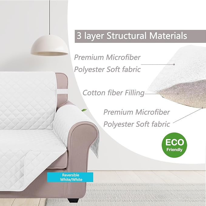 U-NICE HOME 4 Seater Sofa Cover 91 Inch Large Couch Covers for 4 Cushion Couch with Elastic Straps Water Resistant Furniture Protector Cover for Pets Cat (Sofa XX-Large, White/White)