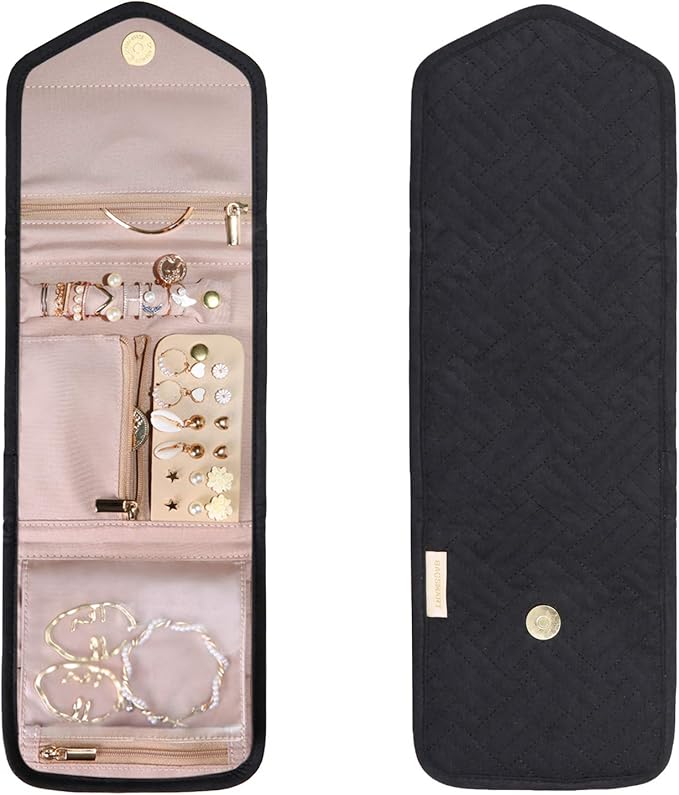 BAGSMART Travel Jewelry Organizer Case Foldable Jewelry Roll for Journey Rings, Necklaces, Earrings, Bracelets, Mini, Black