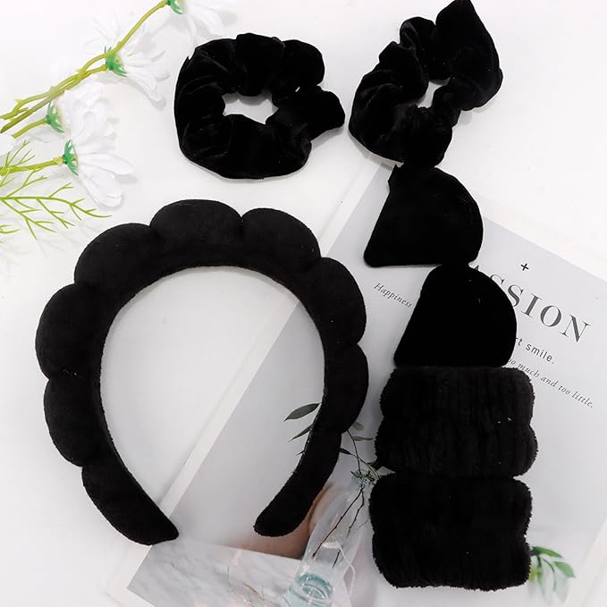 AOPRIE SPA Headbands for Washing Face Makeup Scrunchies Powder Puff Women Facial Head Band Wrist Towel Wraps For Shower Face Mask Black Style Black, 7 Pack