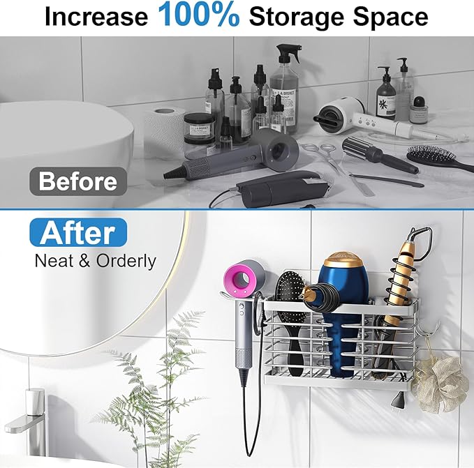 Sevenblue Hair Tool Organizer, 3-in-1 Universal Hair Dryer Holder, Adjustable Height Metal Blow Dryer Holder Wall Mounted/Over Cabinet Door/Free-Standing (Silver)