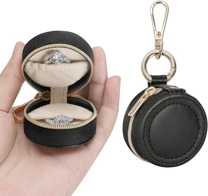 Jewelry Ring Holder Box with Keychain, Portable Gym Jewelry Storage Box Case, Small Travel Ring Earring Stud Necklace Storage Case (Black)