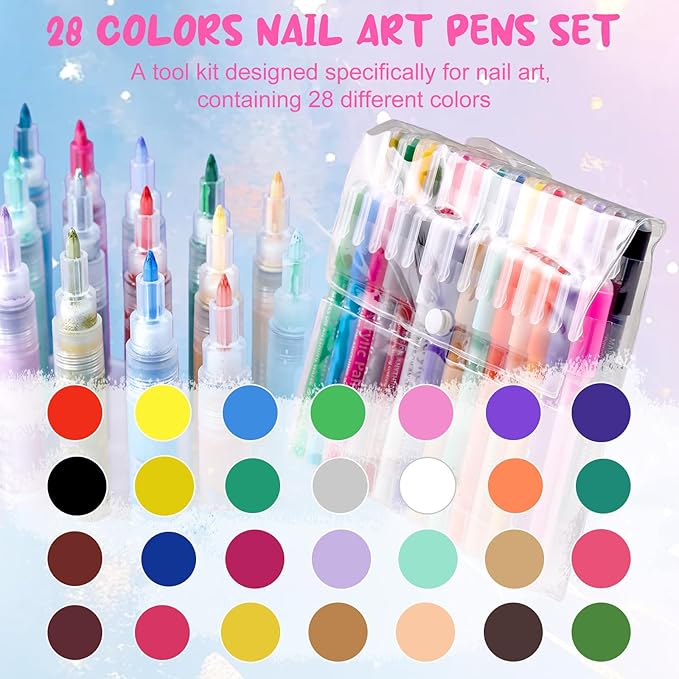 28 Color Nail Art Pens for Painting Nails, 2026 0.7 MM Nail Polish Pens Set Drawing Point Liner Acrylic Painted Pen Kit, Waterproof Quick-drying Nail for DIY Design Manicure Tools