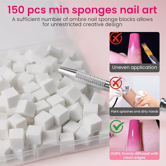 150PCS Nail Art Sponges for Ombre, 50 PCS Nail Art Palette Paper, Nail Polish Mix Rod, Grabbing Pen, Nail Art Ombre Brushes Supplies Design Tools Nail Tech Accessories for Salon & Home