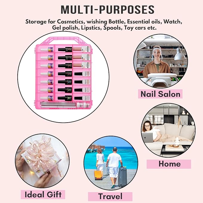 Makartt Nail Polish Organizer, Pink Acrylic Portable Storage Case Holder for 48 Bottles, with 8 Adjustable Dividers, Space-Saving & Colors Display
