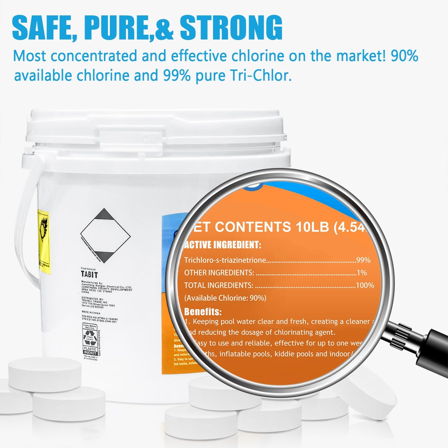 Chlorine Tablets 3 inch 10 Pounds, TABIT Swimming Pool Long Lasting Chlorinating Tablets, Slow Dissolving, Tri-Chlor for Swim Pool, Hot Tubs, Spa