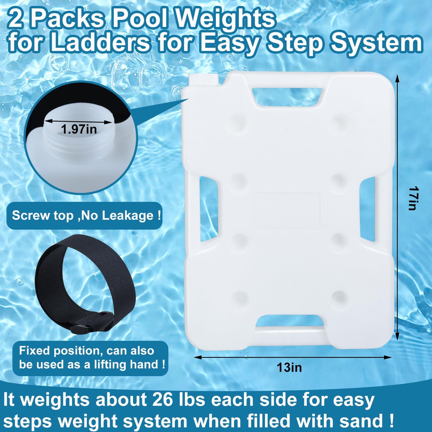 2 Pack Swimming Pool Ladder Weights for Above Ground Pools, Plastic Pool Step Weights Removable Stair Weights Anchor Container Sand Bag with 8 Hook and Loop Straps Hold 52lbs for Easy Step System