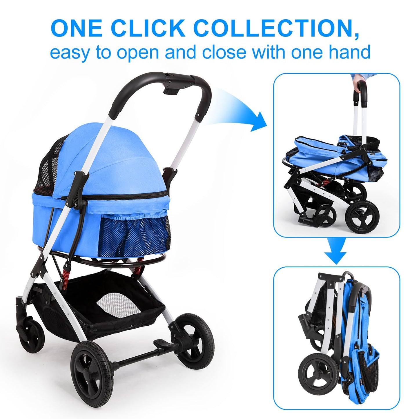 BETSOCCI Pet Stroller for Medium Small Dog & Cat, Foldable Lightweight Dog Stroller with Storage Basket Pet Travel Carriage with Safety Leashes, 4 Wheel, Blue