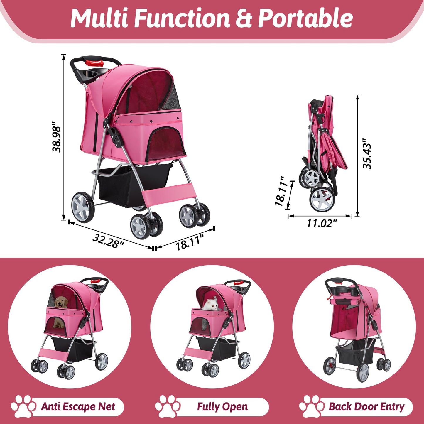 Azaeahom Pet Stroller, 4 Wheels Pet Strolling Cart for Medium/Small Dogs and Cats, Foldable Cat Jogger/Dog Stroller with Cup Holder, Storage Basket, Breathable Mesh, All-Season Pet Carrier, Pink