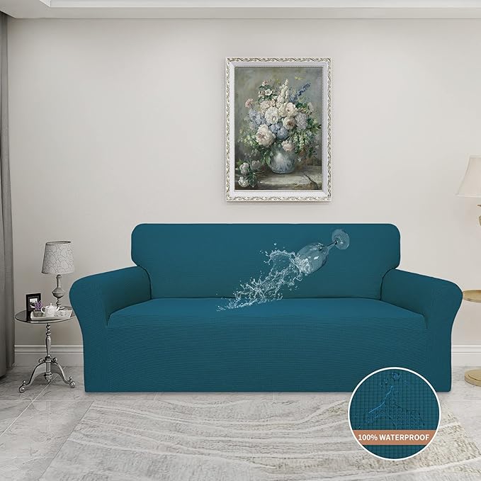 Easy-Going 100% Waterproof Couch Cover, Dual Waterproof Sofa Cover, Stretch Jacquard Sofa Slipcover, Leakproof Furniture Protector for Kids, Pets, Dog and Cat (Sofa, Peacock Blue)