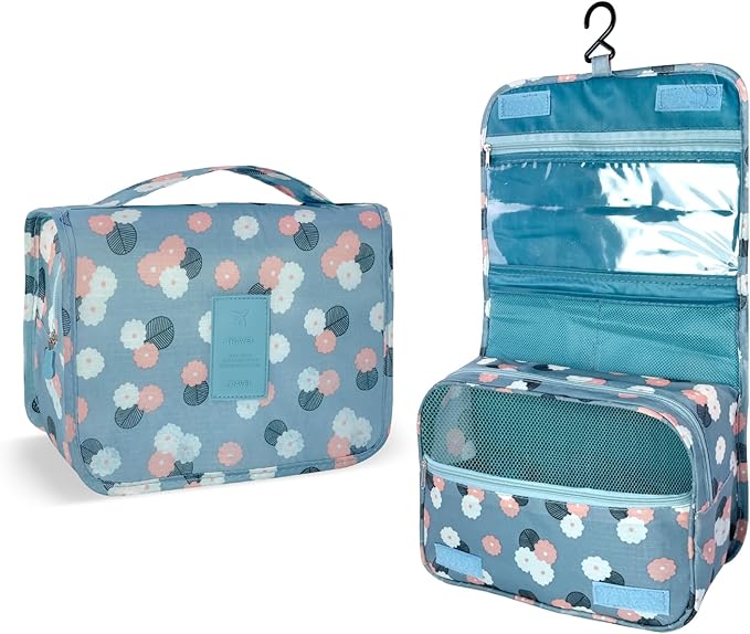 Large Capacity Toiletry Bag Travel Bag with Hanging Hook for Men and Women Waterproof Travel Cosmetic Bag Bathroom Storage Bag for Brushes Set,Full-Sized Shampoo,Accessories-Blue Flower