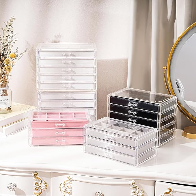 ProCase Earring Holder Organizer Jewelry Box with 8 Drawers, Acrylic Clear Earring Case with Adjustable Velvet Trays for Women - Pink, 8 Layers