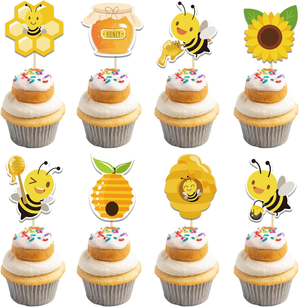 32Pcs Bumble Bee Cupcake Toppers, Bee Gender Reveal Honeycomb Cake Toppers, Oh Babee Cupcake Picks Bee Theme Baby Shower Kids First Birthday Party Cake Decorations Supplies