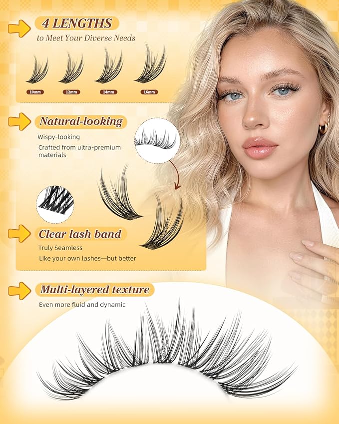 QUEWEL Lash-Clusters Kit 300PCS C Curl Wispy-Eyelash Clusters Lashes-Natural Look Cluster Lashes Extensions Kit with Lash Bond and Seal and Tweezers Natural Eyelash Clusters Use at Home (JS01-KIT)