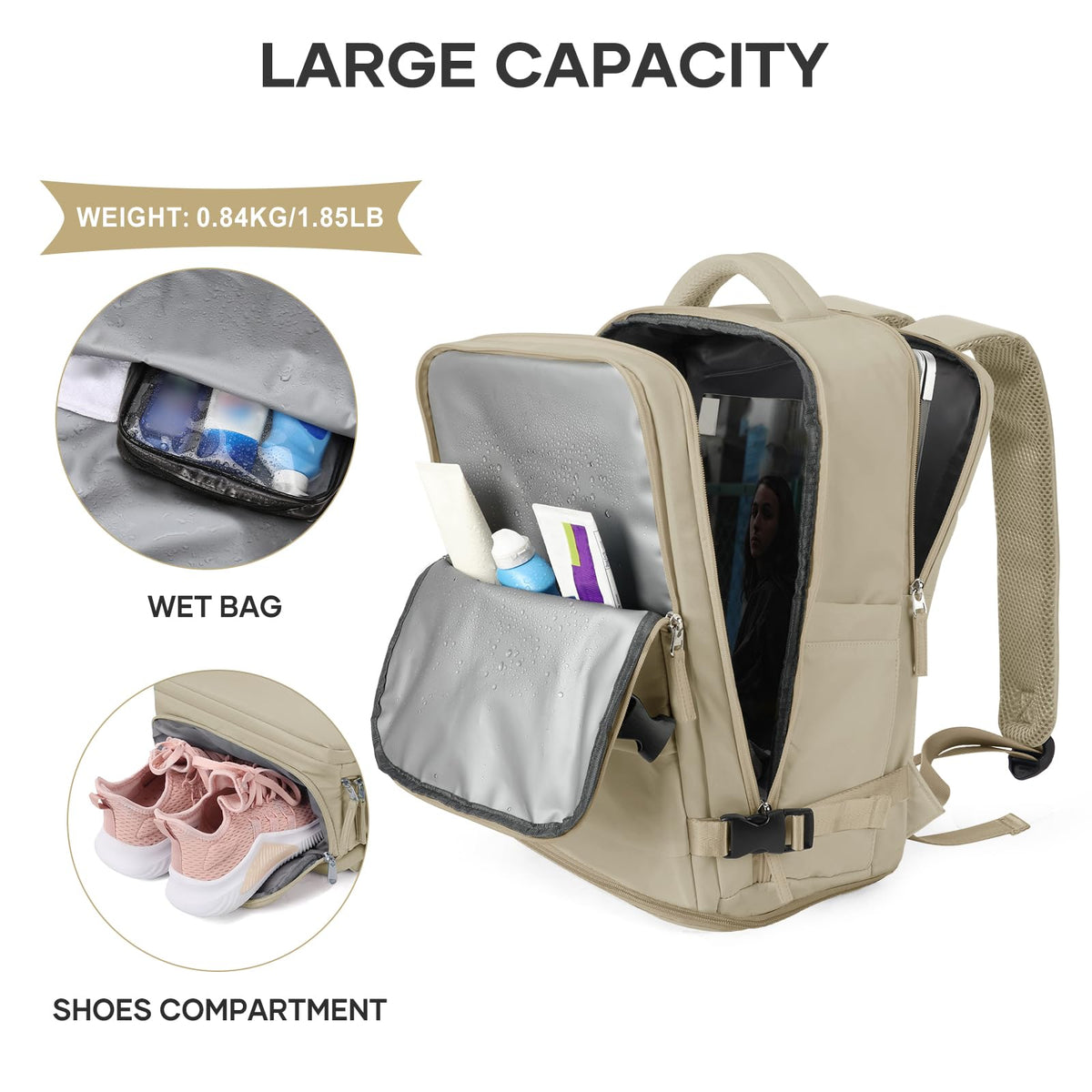 coowoz Large Travel Backpack For Women Men,Carry On Backpack Flight Approved,Hiking Backpack Waterproof Outdoor Rucksack Casual Daypack Fit 15.6 Inch Laptop Shoes Compartment (Khaki-L)