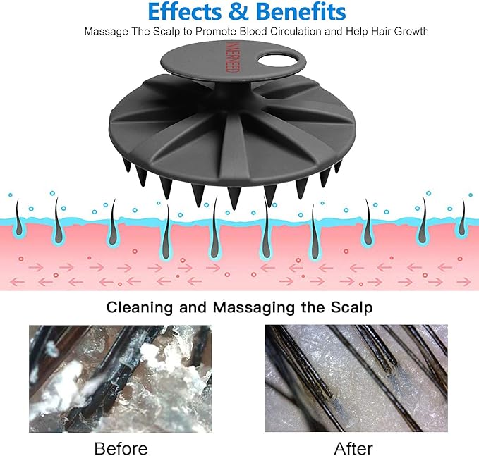 INNERNEED Food-Grade Soft Silicone Body Scrubber Shower Brush, with Scalp Massager Shampoo Brush, Wet & Dry Manual Scalp Care Hair Washing (Black)