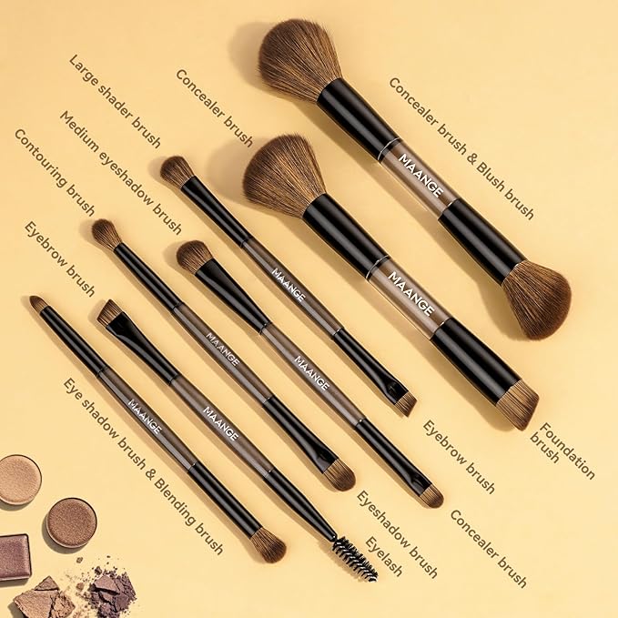MAANGE 7 PCS Foundation Makeup Brush Set With Bag, Make up Brushes, Eyeshadow Concealer Brush, Double-ended Foundation Contour Powder Blush, Professional Face brush Set Tools For Liquid,Cream (Black)