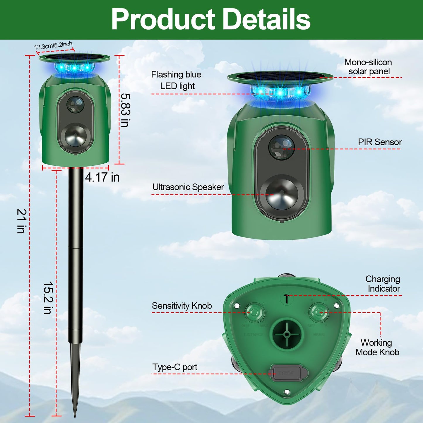 360° Solar Animal Repellent,Ultrasonic Cat Repellent Outdoor,Solar Animal Repeller with Motion Sensor,Waterproof Rabbit Repeller with Flashing Light Defender Dog Squirrel Deer Birds for Yard Orchard