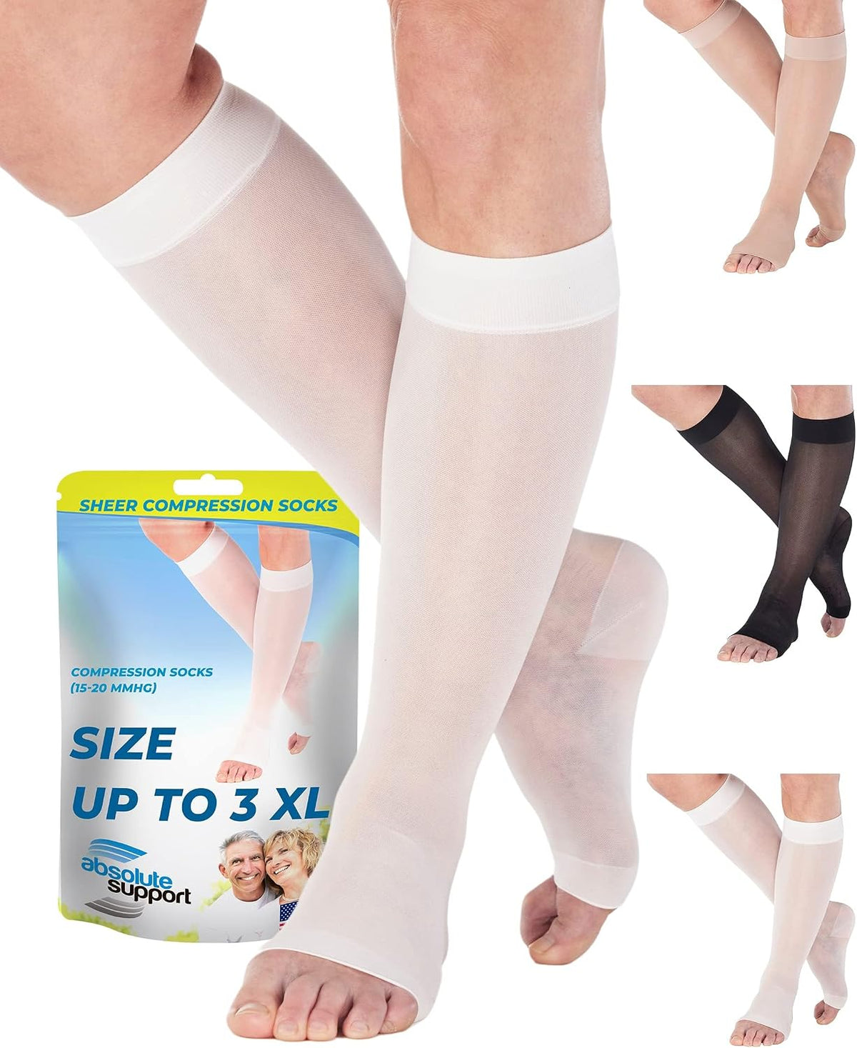 Made in USA - Sheer Compression Stockings for Women 15-20mmHg - Compression Socks with Open Toe for Varicose Veins Circulation, Pregnancy, Embolism - White, X-Large - A111WH4