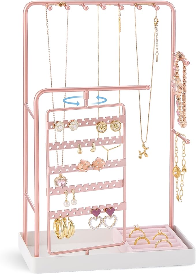 ProCase Jewelry Stand Holder Organizer, Jewelry Display Storage with Ring Tray, No-Assembly, Rotating Earring Bracelet Necklace Holder, Valentine's Gifts Room Dorm Decor for Teen Girls -Rosegold