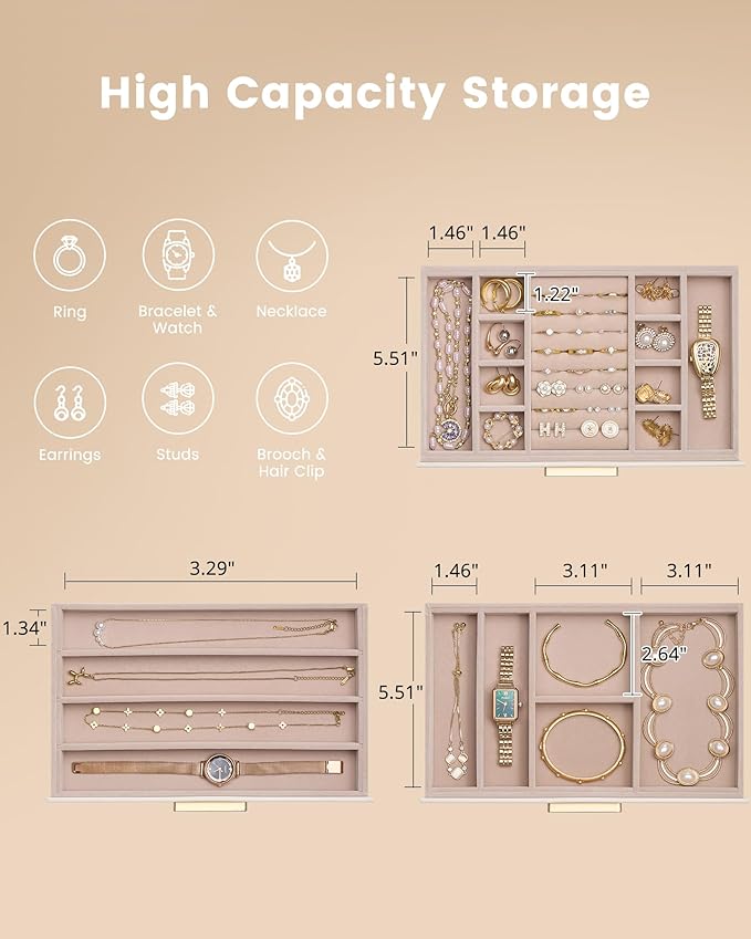 Lolalet Jewelry Box Organizer, 3-Layer Jewelry Organizers and Storage Case with Glass Lid, Ring Earring Bracelet Necklace Holder Organizer, Birthday Valentine Gifts for Women Girls -3Layer, Beige