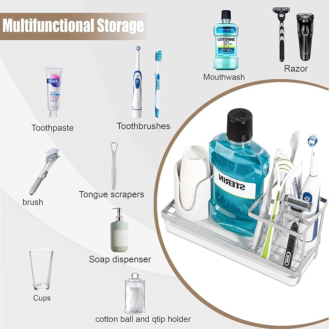 Toothbrush Holders for Bathrooms, Stainless Steel Tooth Brushing Holder Electric Toothbrush and Toothpaste Organizer Bathroom Accessories for Countertop, Shower, Sink - Silver