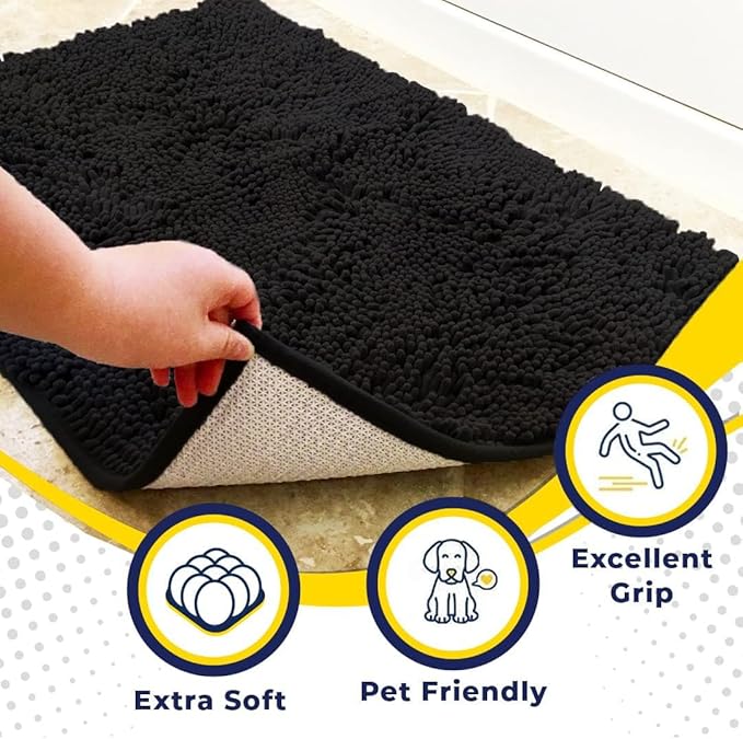 Muddy Mat® 2-Piece Black Medium 30"X19" AS-SEEN-ON-TV Highly Absorbent Microfiber Door Mat, Bath Mat and Pet Rug, Non Slip Thick Washable, Soft Chenille for Kitchen Bathroom Bedroom Indoor and Outdoor
