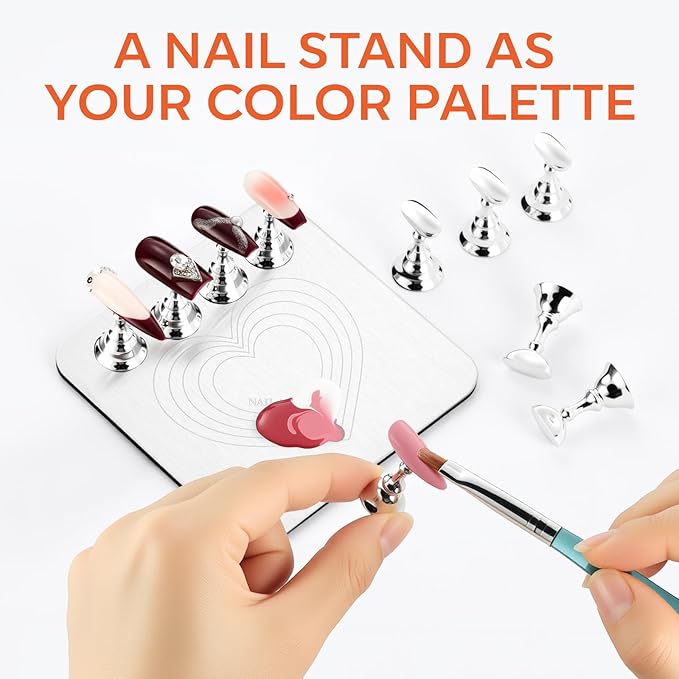 Makartt Nail Stand for Press-On Nails: Strong Magnetic, Large Flat Metal Base Holds 10 Tips at Once, Stable Holders for Nail Art Practise, Batch Painting, Design, Curing, Display, DIY Home & Salon Use